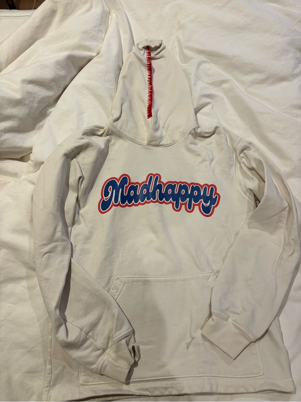 Madhappy Cream Hoodie with Blue and Red Logo